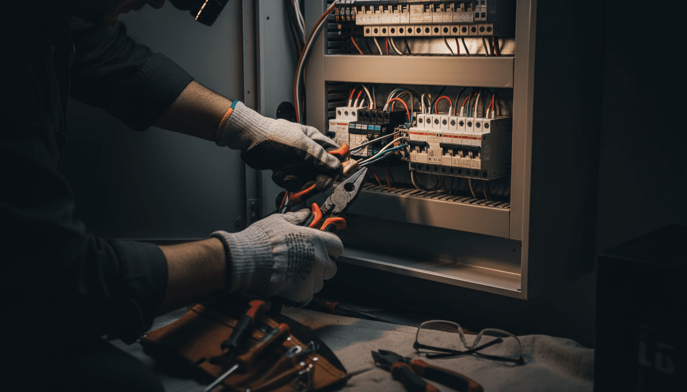 Electrician performing detailed electrical panel work with precision tools