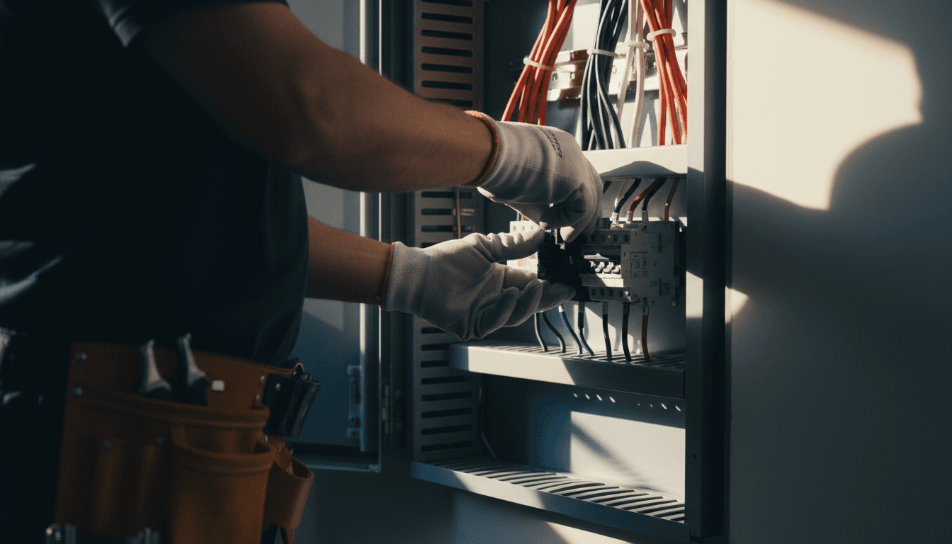 Professional electrician installing circuit breaker with precision and focus