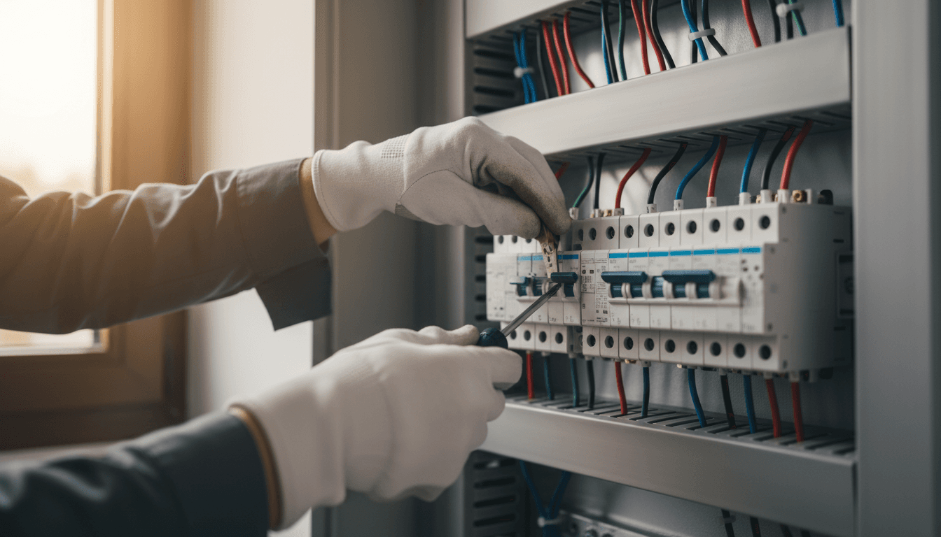 Electrician installing circuit breaker in electrical panel with precision and care