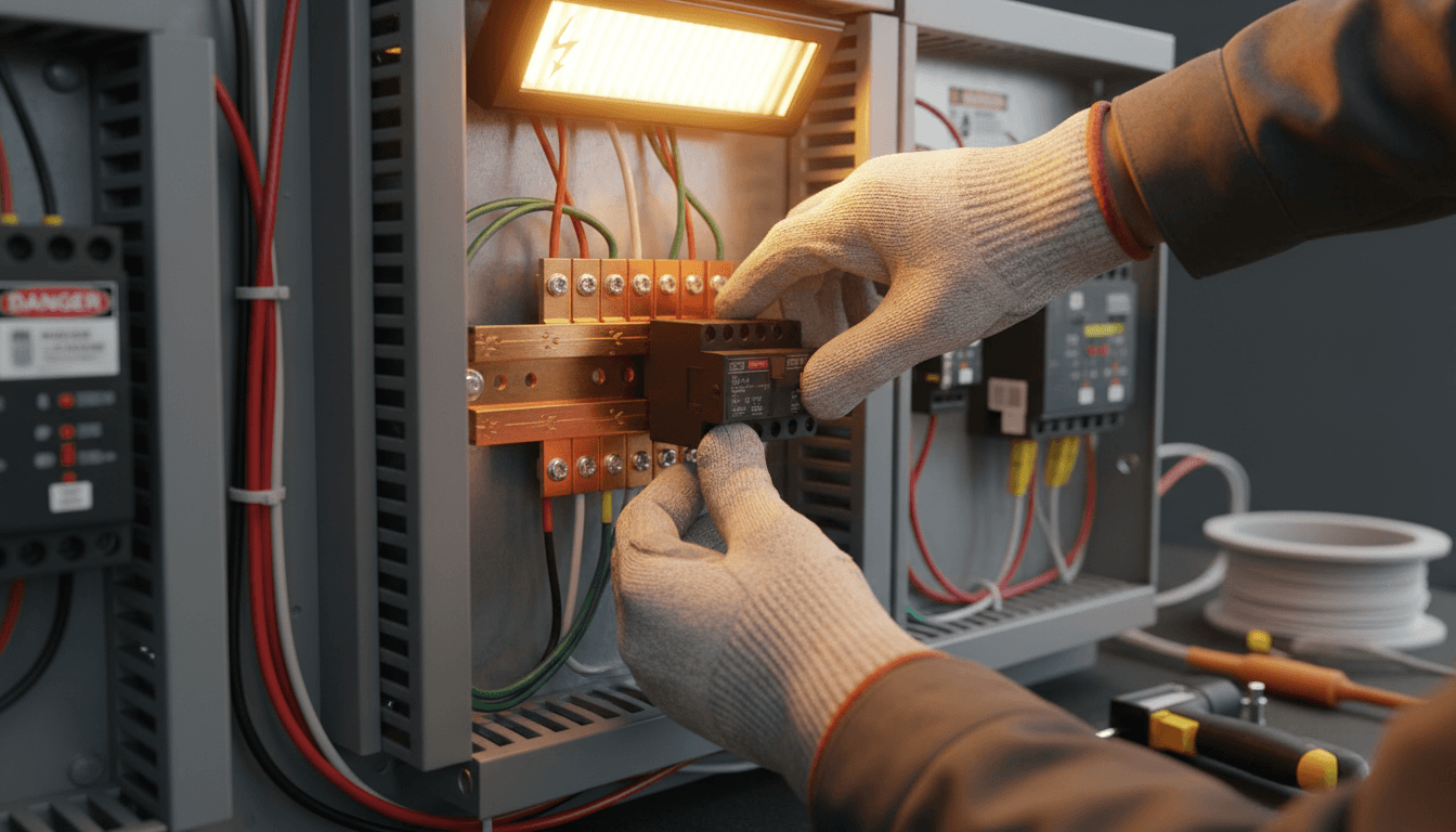 Electrician installing a circuit breaker in an electrical panel